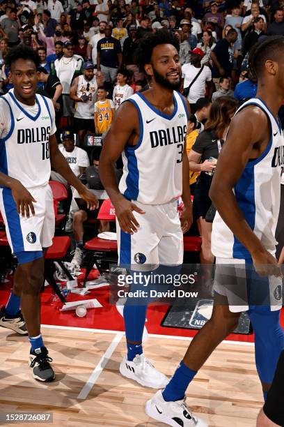 Braxton Key of the Dallas Mavericks dunks the ball to win in overtime against the Golden State Warriors during the 2023 NBA Las Vegas Summer League...