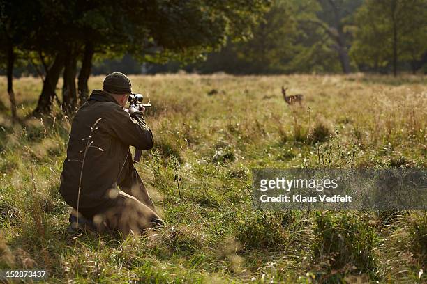 male hunter aiming at deer with rifle - hunting sport stock-fotos und bilder