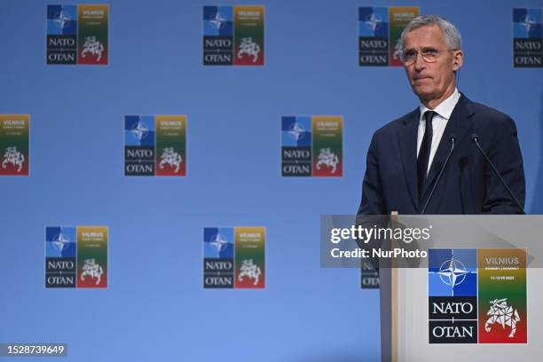 Secretary General of NATO Jens Stoltenberg during a joint press conference with President of Ukraine Volodymyr Zelenskyy, on the second day of the...