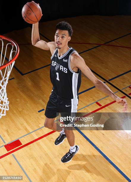 Victor Wembanyama of the San Antonio Spurs poses for a portrait during the 2023 NBA Rookie Photo Shoot on July 12, 2023 at the University of Nevada,...