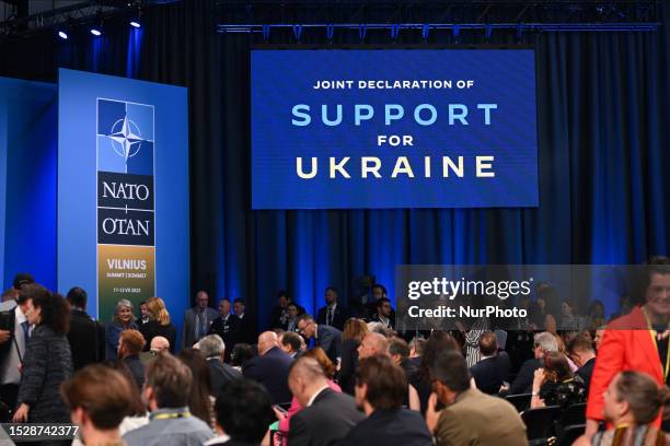 Representatives of different media during the Join Declaration of Support for Ukraine seen during the 2023 NATO Summit, in Vilnius, Lithuania, in...