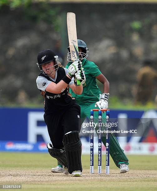 Frances MacKay of New Zealand in action with Trisha Chetty of South Africa at the stumps during the ICC Women's World Twenty20 Group B match between...