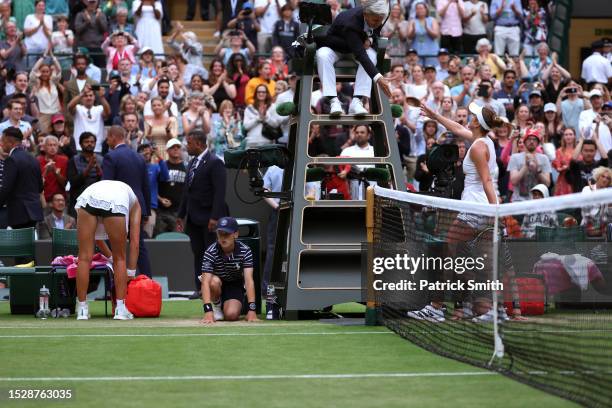 Elina Svitolina of Ukraine shakes hands with the umpire, Marija Cicak following victory against Victoria Azarenka in the Women's Singles fourth round...