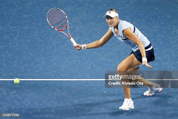 Nadia Petrova of Russia plays a forehand in her semi final match against Samantha Stosur of Australia during day six of the Toray Pan Pacific Open at...