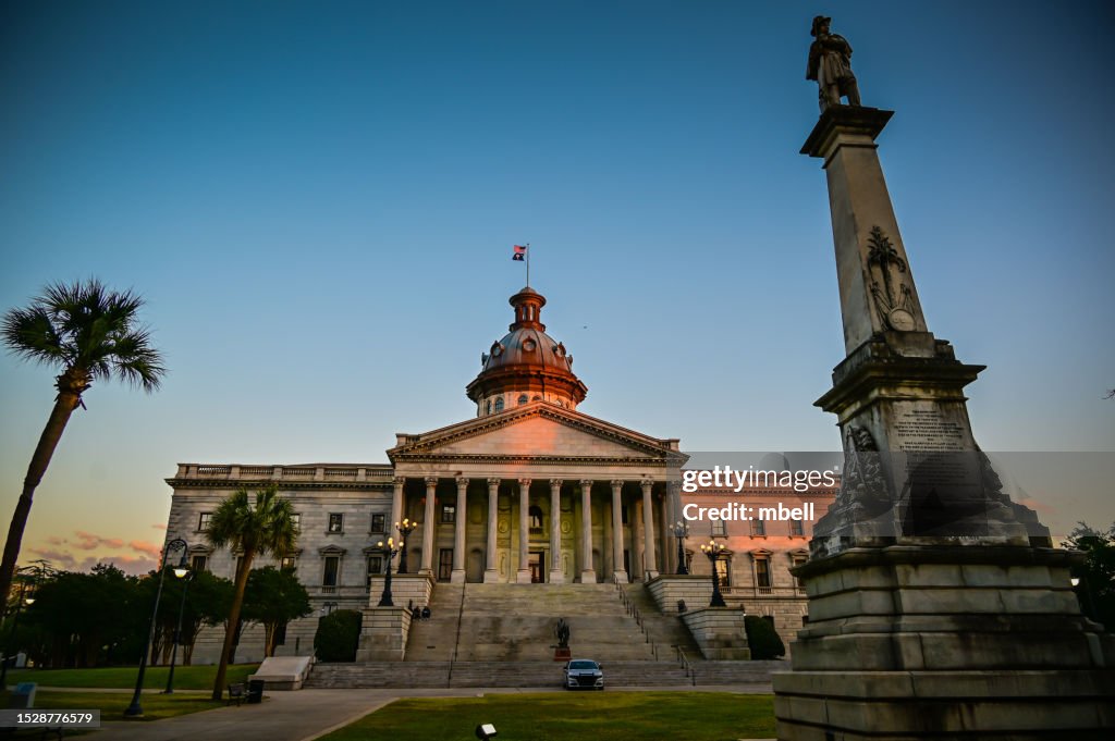 South Carolina State House and South Carolina Monument to the Confederate Dead at dusk - Columbia SC