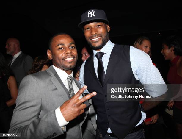 Jayvon Smith and Tyson Beckford attend the grand opening of the 40/40 Club at Barclays Center on September 27, 2012 in the Brooklyn borough of New...