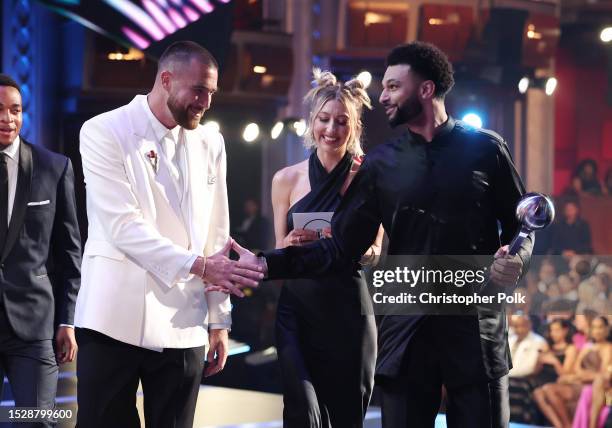 Jamal Murray, Heidi Gardner and Travis Kelce at The 2023 ESPYS held at Dolby Theatre on July 12, 2023 in Los Angeles, California.