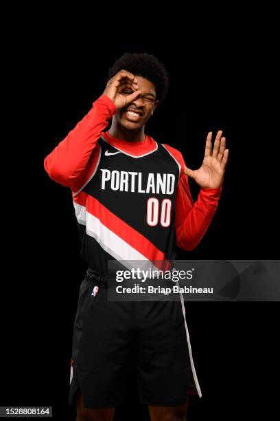 Scoot Henderson of the Portland Trail Blazers poses for a portrait during the 2023 NBA Rookie Photo Shoot on July 12, 2023 at the University of...