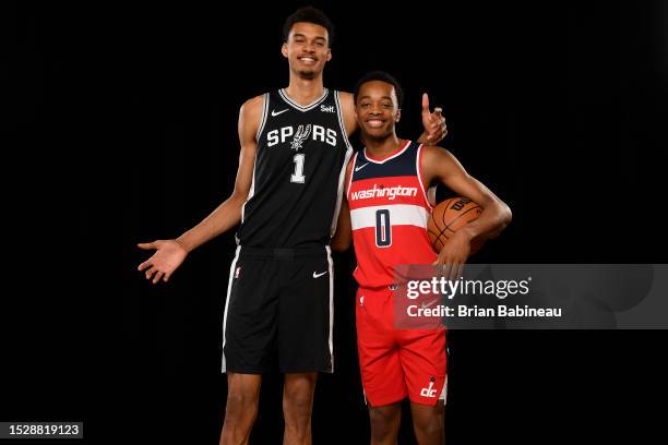 Victor Wembanyama of the San Antonio Spurs and Bilal Coulibaly of the Washington Wizards poses for a portrait during the 2023 NBA Rookie Photo Shoot...