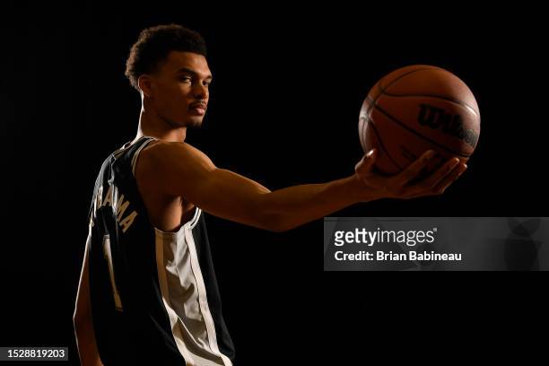 Victor Wembanyama of the San Antonio Spurs for a portrait during the 2023 NBA Rookie Photo Shoot on July 12, 2023 at the University of Nevada, Las...