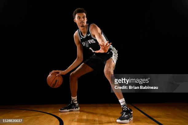 Victor Wembanyama of the San Antonio Spurs for a portrait during the 2023 NBA Rookie Photo Shoot on July 12, 2023 at the University of Nevada, Las...