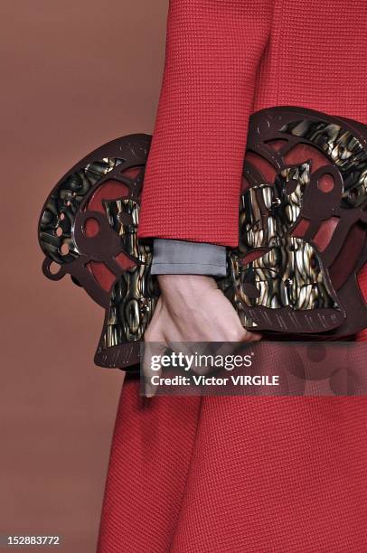 Model walks the runway during the Carven Spring / Summer 2013 show as part of Paris Fashion Week on September 27, 2012 in Paris, France.