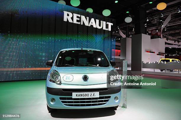 Renault Kangoo Z.E. Electric car sits on display at the Paris Motor Show on September 28, 2012 in Paris, France. The Paris Motor Show runs September...