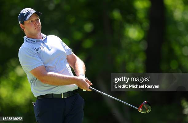 Sepp Straka of Austria plays his shot from the 17th tee during the final round of the John Deere Classic at TPC Deere Run on July 09, 2023 in Silvis,...