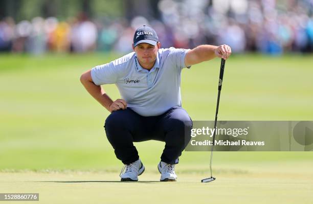 Sepp Straka of Austria lines up a putt on the 17th green during the final round of the John Deere Classic at TPC Deere Run on July 09, 2023 in...