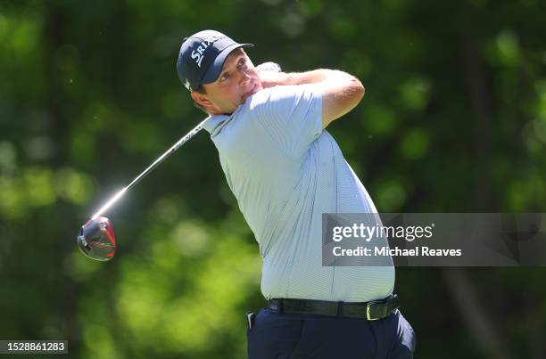 Sepp Straka of Austria plays his shot from the 17th tee during the final round of the John Deere Classic at TPC Deere Run on July 09, 2023 in Silvis,...