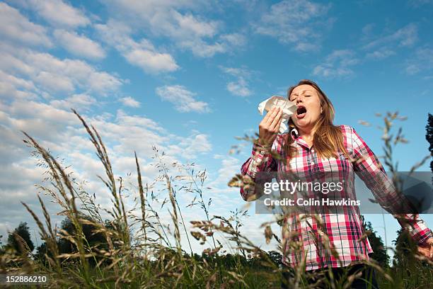 woman sneezing in tall grass - allergie foto e immagini stock