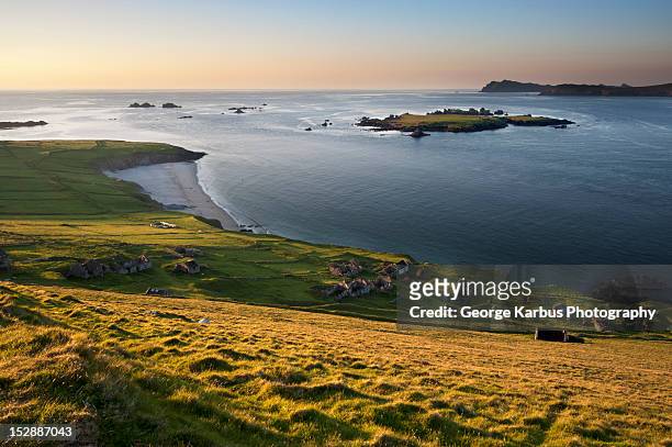aerial view of mountains and still lake - great blasket island stock pictures, royalty-free photos & images
