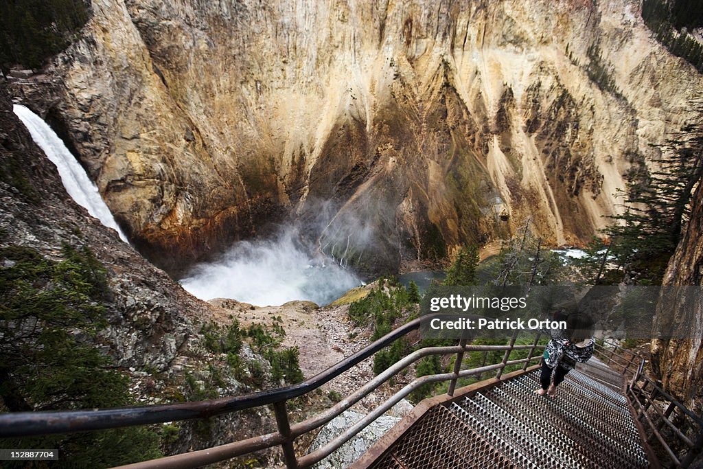 A young woman walks up a narrow stair set winds down to a overlook of Yellowstone Falls in Yellowstone National Park, Wyoming.