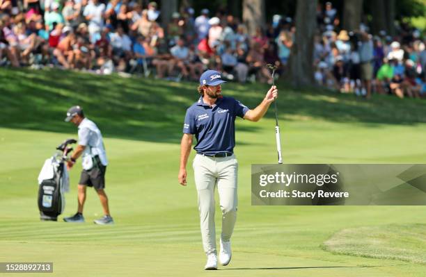 Cameron Young of the United States walks to the 18th green during the final round of the John Deere Classic at TPC Deere Run on July 09, 2023 in...