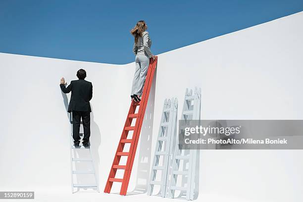 businesswoman at top of ladder - ergens overheen kijken stockfoto's en -beelden