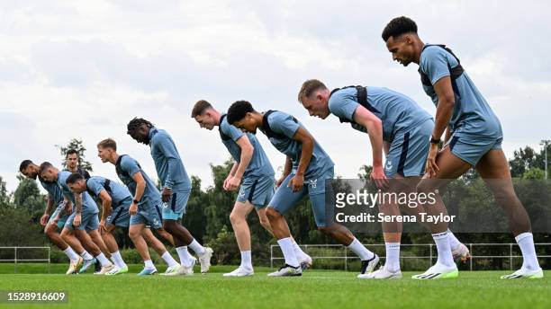 Players line up to run during the Newcastle United Training Session at the Newcastle United Training Centre on July 09, 2023 in Newcastle upon Tyne,...