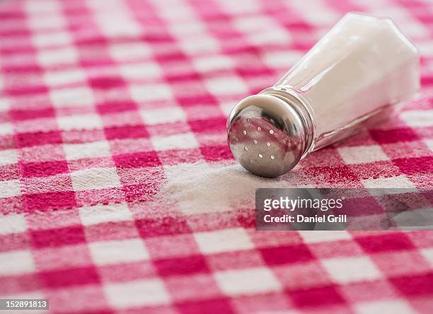 salt shaker on checked tablecloth - salt shaker stockfoto's en -beelden