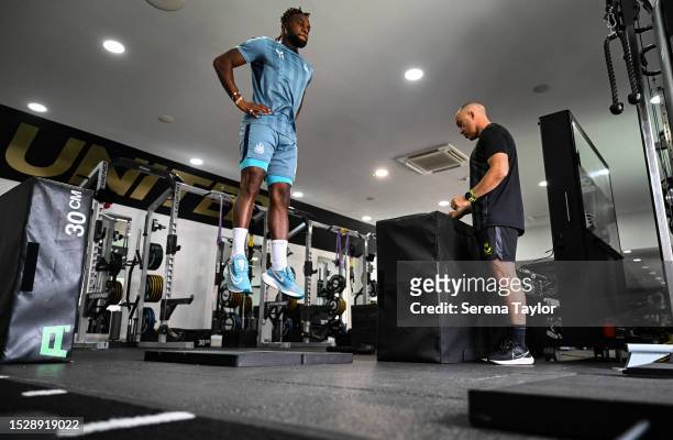Allan Saint-Maximin jumpsduring test during the Newcastle United Training Session at the Newcastle United Training Centre on July 09, 2023 in...