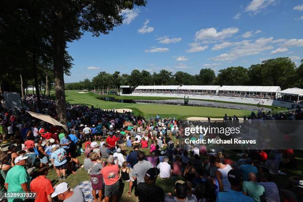 General view of the 18th green during the final round of the John Deere Classic at TPC Deere Run on July 09, 2023 in Silvis, Illinois.