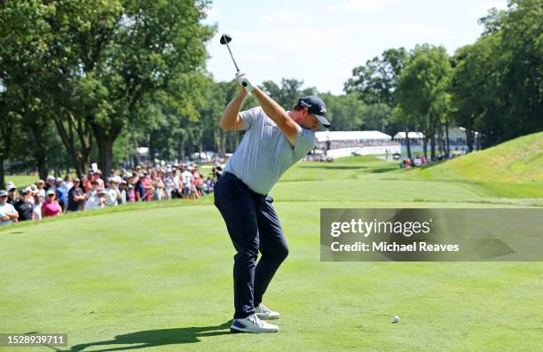 Sepp Straka of Austria plays his shot from the 18th tee during the final round of the John Deere Classic at TPC Deere Run on July 09, 2023 in Silvis,...