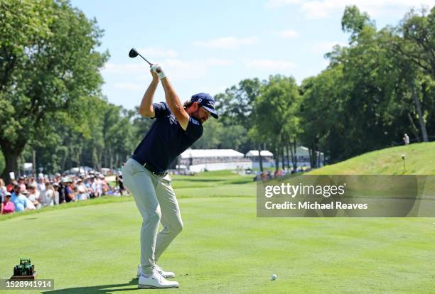 Cameron Young of the United States plays his shot from the 18th tee during the final round of the John Deere Classic at TPC Deere Run on July 09,...