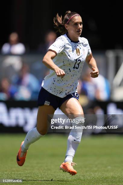 Alex Morgan of the United States during the first half of an international friendly against Wales at PayPal Park on July 09, 2023 in San Jose,...