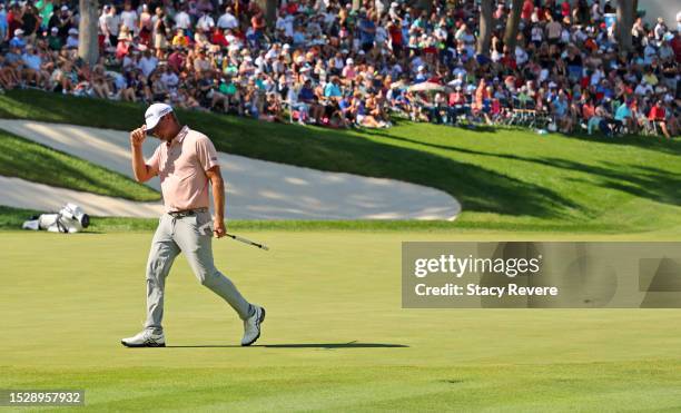 Lucas Glover of the United States walks from the 18th green during the final round of the John Deere Classic at TPC Deere Run on July 09, 2023 in...