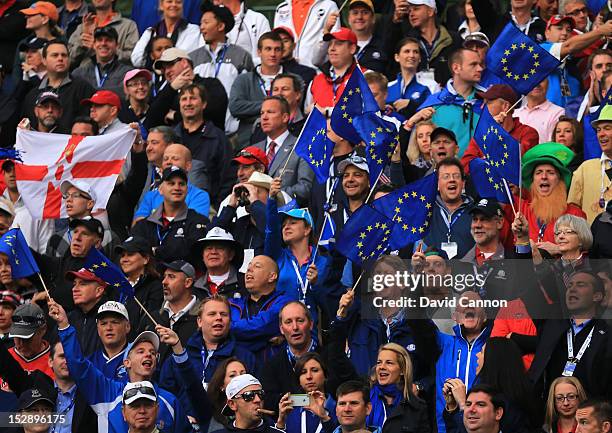 Fans wait on the first tee during the Morning Foursome Matches for The 39th Ryder Cup at Medinah Country Club on September 28, 2012 in Medinah,...