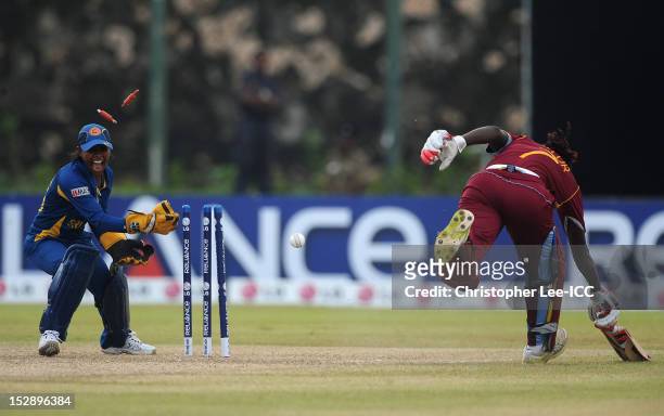 Wicketkeeper Dilani Manodara of Sri Lanka celebrates running out Stafanie Taylor of West Indies during the ICC Women's World Twenty20 2012 Group B...