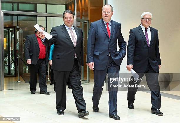 German Social Democrat Peer Steinbrueck arrives with SPD Chairman Sigmar Gabriel and SPD Bundestag faction leader Frank-Walter Steinmeier to give a...