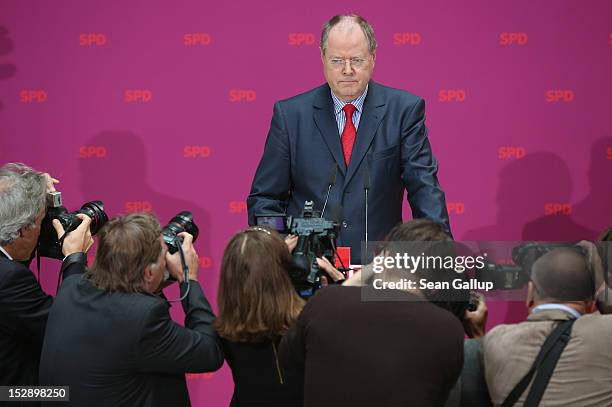 German Social Democrat Peer Steinbrueck arrives to give a statement to the press on September 28, 2012 in Berlin, Germany. The SPD confirmed Peer...