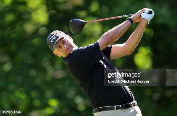 Brendon Todd of the United States plays his shot from the 17th tee during the final round of the John Deere Classic at TPC Deere Run on July 09, 2023...