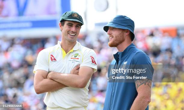 Australia captain Pat Cummins and England captain Ben Stokes chat after day four of the 3rd LV= Ashes Test Match at Headingley on July 09, 2023 in...