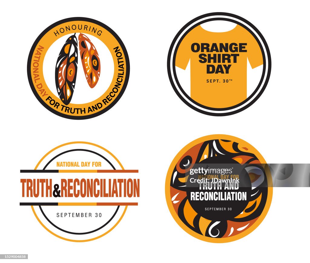 Set of National Day for Truth and Reconciliation round label designs poster with patterns and feathers on white background