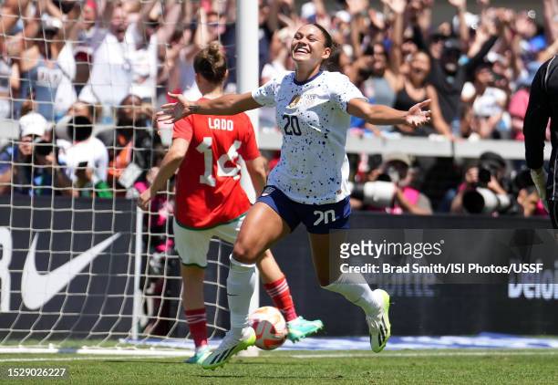 Trinity Rodman of the United States celebrates scoring during the second half of an international friendly against Wales at PayPal Park on July 09,...
