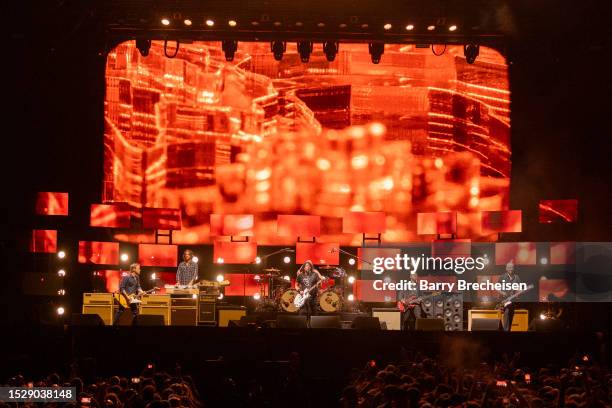 Chris Shiflett, Rami Jaffee, Josh Freese, Dave Grohl, Nate Mendel and Pat Smear of the Foo Fighters perform on day 3 of Festival d'été de Québec on...