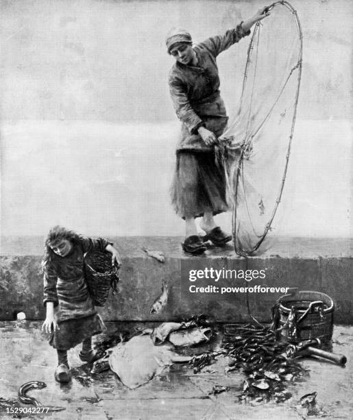 net fishers, painting by georges jean-marie haquette - 19th century - fisher net stock illustrations