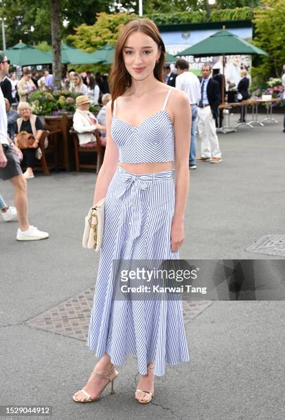Phoebe Dynevor attends day seven of the Wimbledon Tennis Championships at All England Lawn Tennis and Croquet Club on July 09, 2023 in London,...