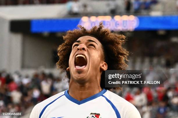 Panama's midfielder Adalberto Carrasquilla celebrates after scoring the winning penalty kick during the Concacaf 2023 Gold Cup semifinal football...
