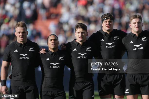 Sam Cane, Aaron Smith, Beauden Barrett, Scott Barrett and Jordie Barrett of New Zealand sing the national anthem prior to a Rugby Championship match...