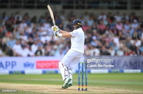 England batsman Joe Root in batting action during day four of the 3rd LV= Ashes Test Match at Headingley on July 09, 2023 in Leeds, England.