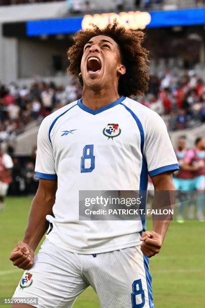 Panama's midfielder Adalberto Carrasquilla celebrates after scoring the winning penalty kick during the Concacaf 2023 Gold Cup semifinal football...