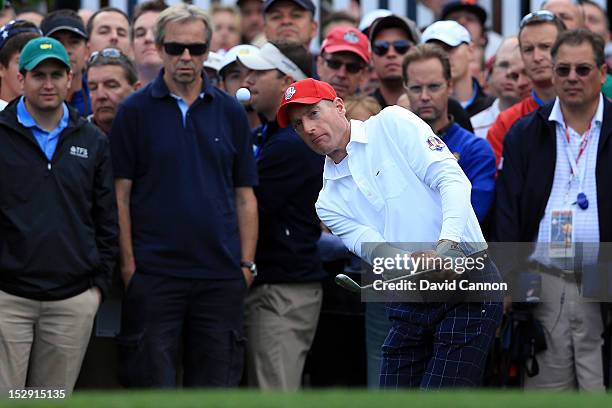 Jim Furyk of the USA hits a shot during the Morning Foursome Matches for The 39th Ryder Cup at Medinah Country Club on September 28, 2012 in Medinah,...