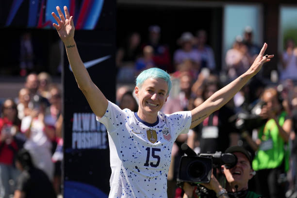 Megan Rapinoe the United States is introduced during a post game ceremony after an international friendly against Wales at PayPal Park on July 09,...